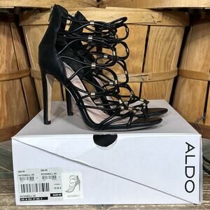Aldo Peterbell Black Leather Gold Strappy Gladiator Open Toe Heels Womens 6.5